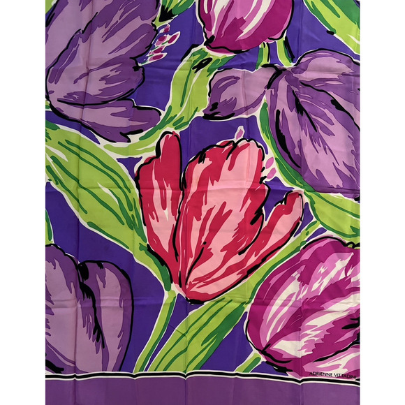 Beautiful Adrienne Vittadini Purple Tulip Floral Print Silk Scarf 32" Square Vtg - Picture 3 of 6